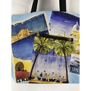 Lancome Riviera Collection Bedazzled Canvas Tote Beach Bag Purse 16 X 12.5